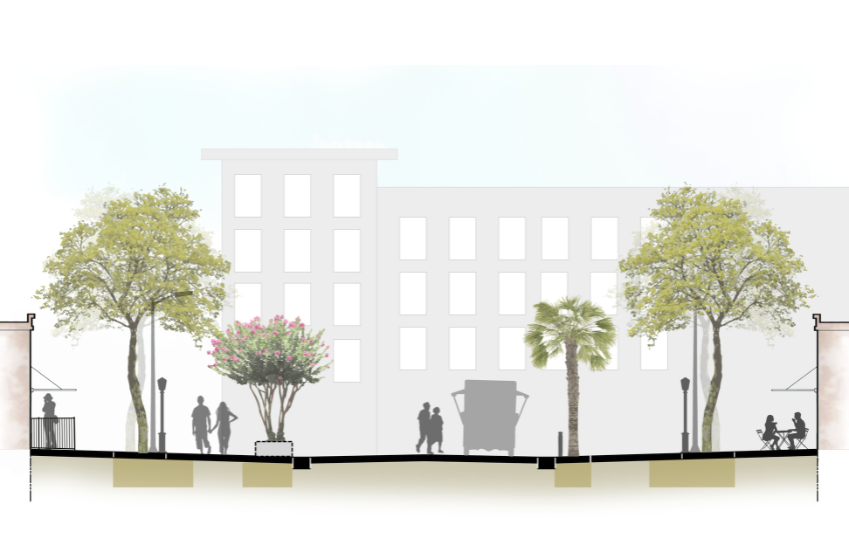 a graphic rendering of the landscape architecture design for a Downtown Gainesville development
